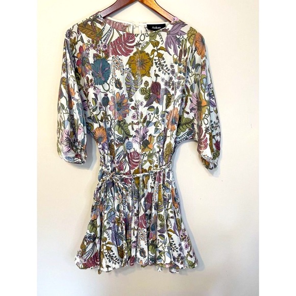 Aakaa Mini Dress Braided Belt Floral Dolman Sleeve Satiny Full Circle Skirt S - Picture 2 of 12